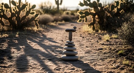 Running Outdoors: Pebbles mark a desert trail turnaround. Natural light, deep focus, sharp textures, clean composition, copy space. Fitness, health, training, editorial-safe.