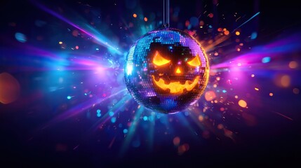 Halloween jack-o'-lantern disco ball glowing with vibrant party lights, festive spooky decoration for Halloween celebration and nightclub atmosphere