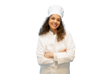 Young female chef in white uniform smiling with arms crossed, exuding professionalism and expertise, on a transparent background