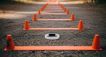 Outdoor running concept: plain silicone wristband on gravel path with cone markers, captured with natural lighting and deep focus. Ideal for fitness, health, and training.
