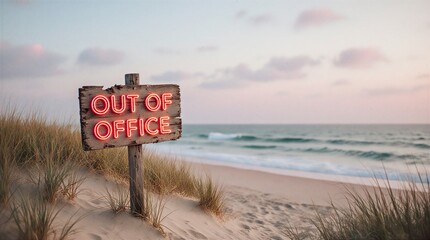 out of office neon sign on sandy beach during golden hour sunset, summer vacation concept | vacation, travel, relaxation, summer, escape theme