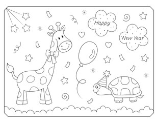 easy happy new year coloring pages for kids and adults. black and white cartoon drawing with animals, a giraffe and a turtle. printable on letter size paper (8.5 x 11 inches). Exclusive on Adobe Stock
