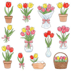 Colorful Watercolor Tulip Icon Set