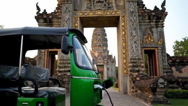 Close up electric tuk tuk charging roadside station cinematic UHD sustainable transport stock footage. eco friendly auto rickshaw refill point ultra high definition green mobility