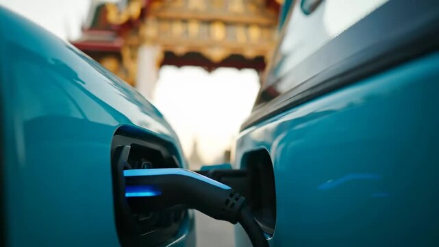 Close up electric tuk tuk charging roadside station cinematic UHD sustainable transport stock footage. eco auto refill point curbside filmic ultra high definition green mobility