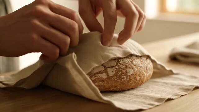 Close up hands tying cloth wrap bread loaf cinematic UHD handheld zero waste lifestyle stock footage. detail finger knot textile bundle baked good filmic ultra high definition