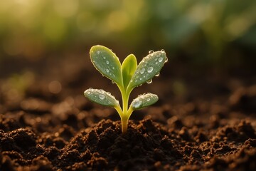 Delicate succulent seedling emerging from rich dark soil with morning dew drops reflecting soft sunlight in peaceful garden setting