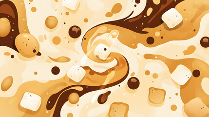 Flat vector comic style abstract background with cute colorful drink coffee and sugar cube