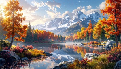 Fototapeta premium Autumnal mountain lake scene with vibrant foliage reflected in still water