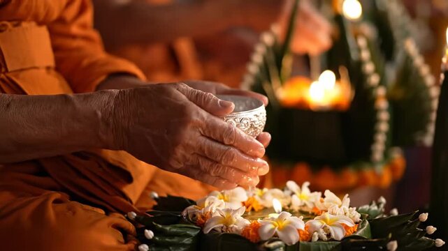 Close up monk blessing devotees holy water cinematic UHD Songkran cultural tradition stock video. reverend bestowing sacred liquid follower rite ultra high definition thai new
