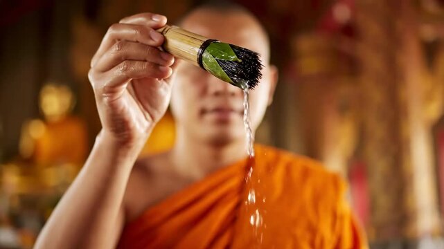 Close up monk sprinkling holy water bamboo brush cinematic UHD handheld Songkran temple tradition stock. cleric blessing aqua cane filmic ultra high definition portable aspersing