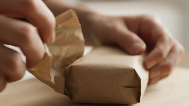 Close up paper packaging replacing plastic wrap cinematic UHD handheld zero waste lifestyle stock footage. eco wrap cardboard container filmic portable ecological living refuse