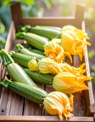 Fresh zucchini with blossoms in a wooden crate
