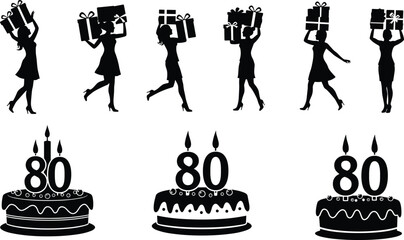 Set of women silhouettes carrying gifts and three 80th birthday cakes with candles, celebration, party, and festive vector illustration.