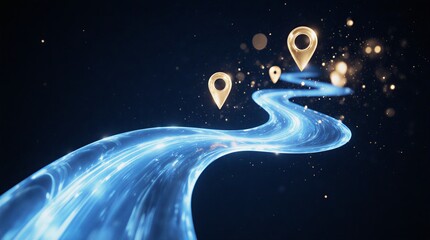 futuristic data flow visualization showing a route with glowing navigation markers and points of interest | business, technology, data, strategy, innovation theme