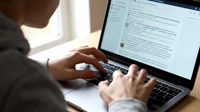 Close up student typing essay online learning platform cinematic UHD handheld education technology stock video. pupil composing paper virtual study website filmic ultra high