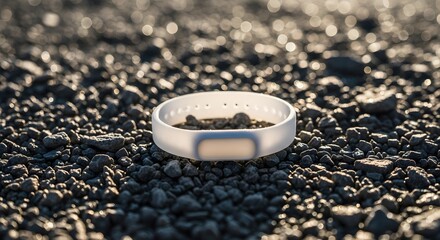 Outdoor running concept: plain silicone wristband on gravel in alpine switchback. Natural lighting, deep focus, sharp textures, clean composition, copy space. Noise-free file for fitness.