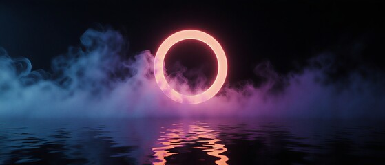 glowing pink circle neon light ring abstract background with blue smoke and dramatic lighting | background, abstract, technology, futuristic, decoration theme