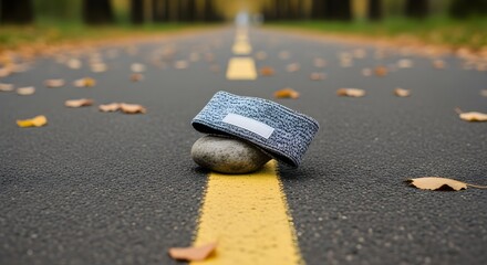 Running Outdoors concept: simple cloth armband on a rock by a city riverside path with autumn leaves and crisp lane markings, natural lighting, deep focus, clean composition.