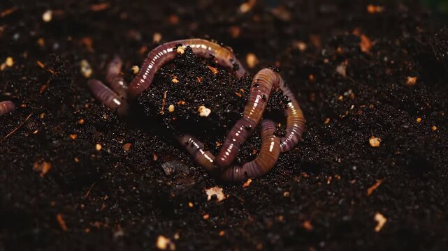 Close up worms breaking down compost inside bin cinematic UHD handheld eco gardening stock footage. macro annelid decomposing organic matter container filmic ultra high definition