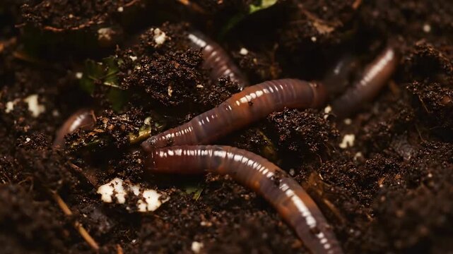 Close up worms breaking down compost inside bin cinematic UHD handheld eco gardening stock footage. macro annelid decaying organic matter container filmic ultra high definition portable