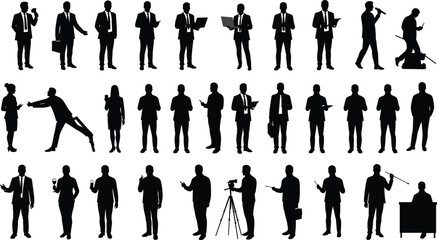 Silhouette Business People Vector Set Working, Presenting, Walking, Communicating, and Collaborating in Office Professional Poses for Design ProjectsSilhouette Business People Vector Set 