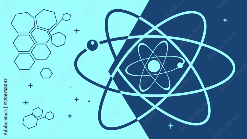 Poster abstract atom symbol representing nuclear science, surrounded by hexagonal shapes and stars, evokes 