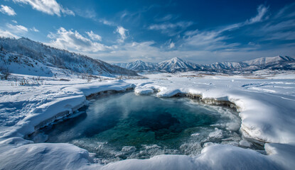 Vibrant blue hot spring steaming in a snow covered mountain landscape under a dramatic sky