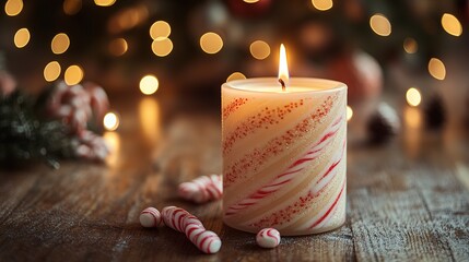 Festive Candy Cane Candle with Peppermints Decoration, Warm Glow for Christmas Home Ambiance & Winter Holiday Decor