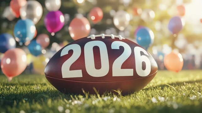 An american football with the year 2026 on it sits on a field of green grass surrounded by colorful balloons, symbolizing the upcoming sporting event