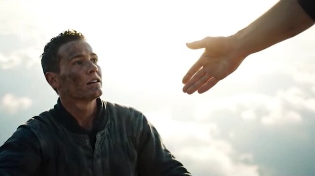 The Final Push: Exhausted Man on His Last Climb Receives a Helping Hand, Reaching the Top of the Ladder to a Successful End.