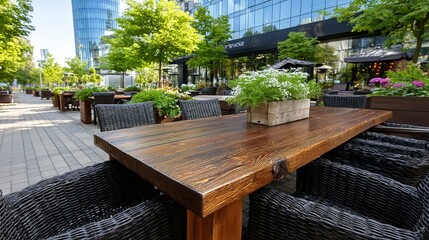Outdoor patio with wooden table wicker chairs and green plants near buildings.