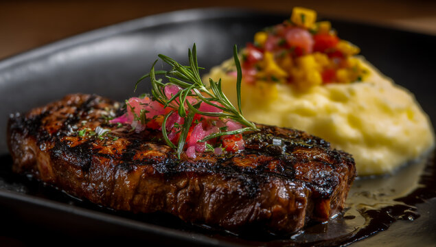 Juicy grilled steak topped with fresh salsa served alongside creamy mashed potatoes