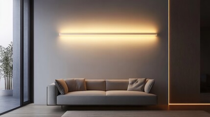 Minimalist indoor wall light with a linear LED strip and warm, indirect glow