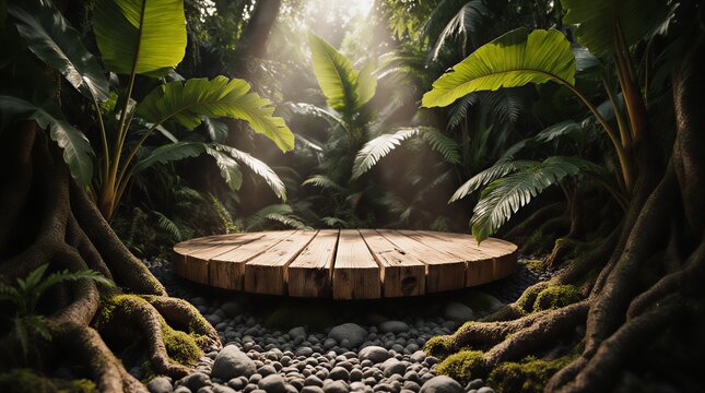 Fototapeta lush green forest product display stand with soft lighting for cosmetic advertising   beauty, cosmetics, advertising, product, nature theme