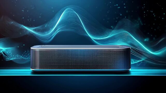 Sleek Bluetooth speaker with vibrant blue light waves in a modern setting.