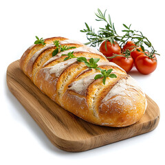 Freshly baked bread loaf with tomatoes and herbs kitchen counter food photography bright environment close-up view culinary art