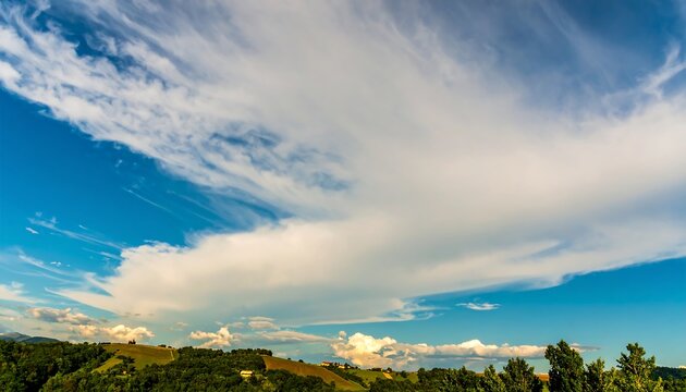 Wide-angle view of a partly cloudy sky over rolling hills