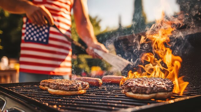 A man in an american flag shirt grills burgers on a flaming barbecue, celebrating independence day with a classic summer cookout in the backyard