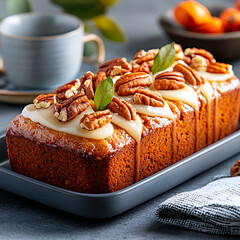 Delicious pecan cake presentation cozy kitchen food photography warm atmosphere close-up view culinary art