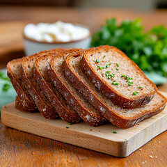 Slicing freshly baked bread kitchen counter food photography cozy atmosphere close-up culinary delight