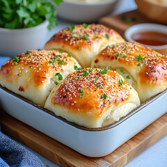Delicious freshly baked sesame buns cozy kitchen food photography warm atmosphere close-up comfort food delight