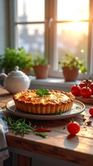 Freshly baked quiche on a windowsill