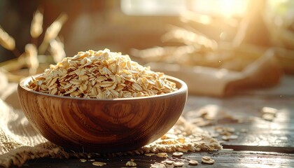 Detailed texture rolled oats in a wooden bowl, rustic background, healthy breakfast concept
