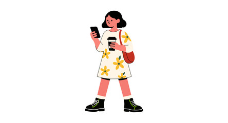 Young woman walking with a smartphone and a cup of coffee. Flat modern vector illustration.
