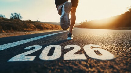 A runner is on the road with the year 2026 painted on it, symbolizing goals and aspirations for the future, set against a backdrop of a bright sunrise