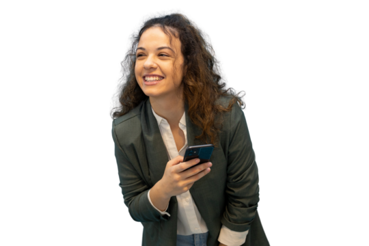Happy businesswoman holding smartphone looking away, isolated on transparent background, expressing positivity and success
