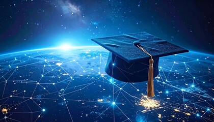 A mortarboard floats above a globe overlaid with a network, set against a starry cosmos & rising sun