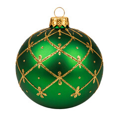 Glass ball toy for Christmas tree. Green ball with golden ornament and sparkles, isolated on white background.