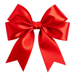 Cut out image of silk ribbon bow for gift box, decor. Elegant festive red bow made of satin glossy ribbon.